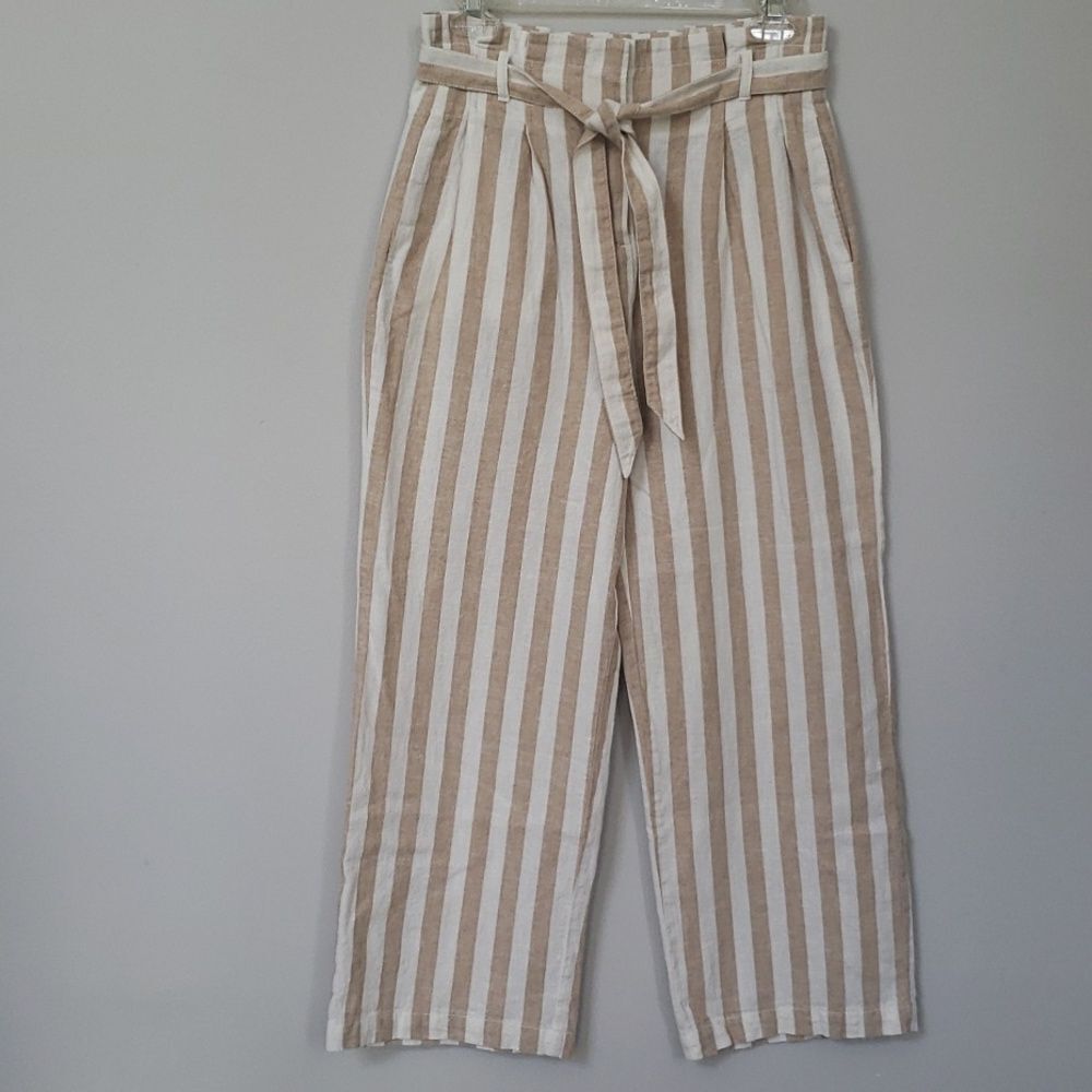 J Crew tan ivory striped linen blend Paperbag style wide leg pants SZ 0